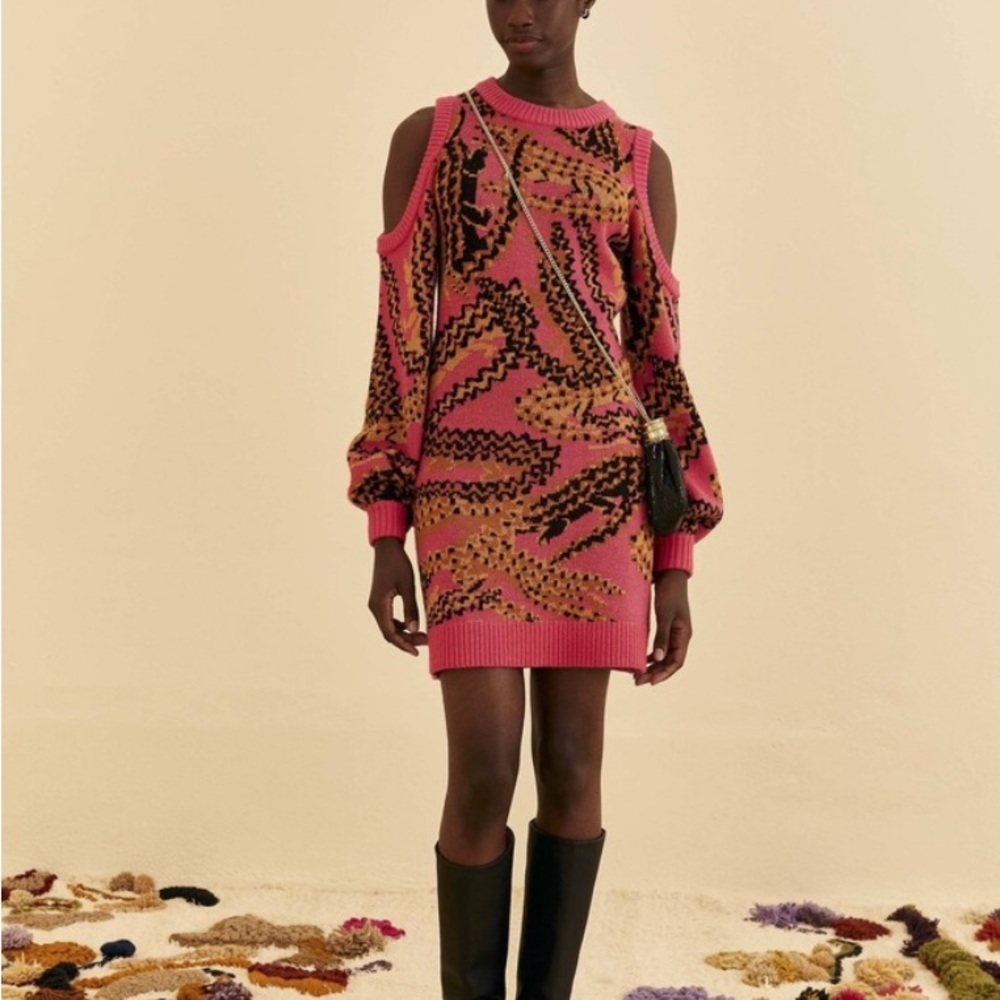 FARM Rio Cold-Shoulder Knit Sweater Dress in Pink and Black - Picture 1 of 4